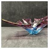 Murano Style Art Glass Fan Bowl Unmarked Pink and
