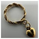 Gold Twist Rope Band 14K Puffed Heart Dangle Ring