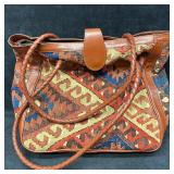 Handwoven Kilim Wool and Brown Leather Tote Bag An