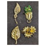 Vintage Unmarked Gold Tone Floral Leaf Rhinestones