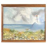 Original Framed Oil On Canvas Lighthouse