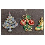3 Vintage Christmas Gold And Silver Tone Pins Broo