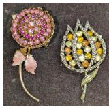 Two Vintage Rhinestone Flower Brooches