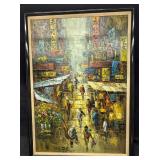 Framed Original Oil On Panel Busy Street Scene R34
