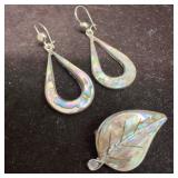 Abalone Tear Drop Shaped Earrings and Leaf Brooch