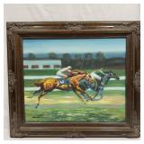 Framed Oil on Canvas Horse Racing Derby Art Painti