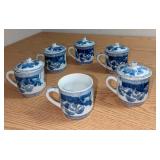 6 Guangzhou Chinese White & Blue Cups With Lids