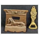 Vintage Brass Sphinx Paperweight & Idol Bottle Ope