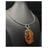 Sterling Necklace with Huge Amber Cabochon
