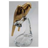 Vintage 2 Brass Birds On Clear Art Glass Perch