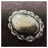 Black Pearloid Filigree Sterling Silver Brooch C42