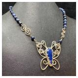 Sterling Lapis Bead Butterfly Necklace
