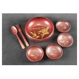 Maroon Laquerware Asian Salad Bowl Set