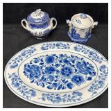 Blue and White Porcelain Serving Lot Platter Sugar