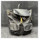 LJS Black Nylon Drawstring Backpack with Gold Tone