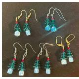 Fie Pairs Of Beaded Christmas Tree Earrings