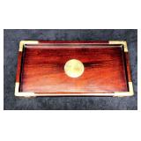 VTG Asian Style Wood Tray with Brass Medallion