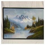 Signed H. Wood Mountain Lake Landscape Oil Paintin