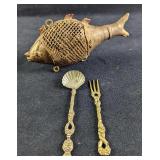 Vintage Brass Indian Dhokra Fish & Fork & Spoon