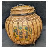 Vintage Hand Painted Wooden And Woven Bamboo Lucky