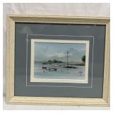 Framed Coastal Harbor Watercolor Painting Boats at