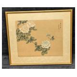 Framed Vintage Watercolor On Silk Butterfly & Flow