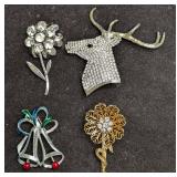 Vintage Deer Stag Flower Bells Rhinestone Brooch P