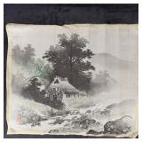Watermill East Asian Ink Painting on Cloth Sumi-e