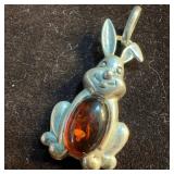 Natural Amber Bunny Rabbit Necklace Pendant Sterli