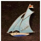 Vintage Blue Guilloche Enamel Sail Boat Miami Broo