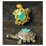 Two Intricate Turtle Brooches With Unique Rhinesto