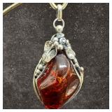 Baltic Amber Ornate Floral Sterling Silver Pendant