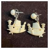 Hand Carved Bone Boat Dangle Drop Earrings