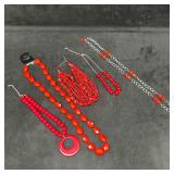 Costume Jewelry Red Plastic Faux Stone Necklace Se