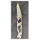 Damascus Steel Fold Up Black Bone Handle Knife Ret