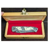Damascus Steel Fold Up White Bone Handle Knife Ret