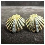 Accent Diamonds Shell Design 14K Yellow Gold Earri