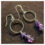 Amethyst Stone Bead Circle Dangle Silver Earrings
