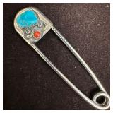 Artisan Turquoise and Coral Safety Pin Style Brooc