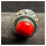 Silver Charm Scrollwork Art Deco Design Red Stone