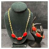 Gold-Tone Necklace and Bracelet Set with Red Caboc