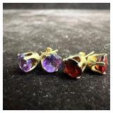 Pair 14K Yellow Gold Prong Red Garnet and Purple A