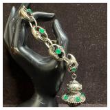 Etruscan Revival Style Green Fob Charm Accent Silv