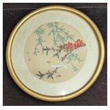 Vintage Framed Round Watercolor On Silk Bird & Flo