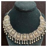 Silver Plated Filigree Fringe Necklace with Ornate