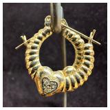 Ribbed Hoop Heart Design 14K Gold Accent Diamond E