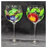 2 Tall Stem Hand Painted Fruit Wine Glasses