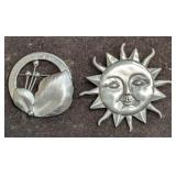 Silver Tone Leaf And Pewter Sun Pewter Brooch Pins