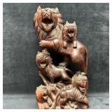 Carved Wooded Lion Pride Sculpture Folk Art Group