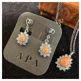 Coral Cubic Zirconia Sterling Silver Jewelry Set E